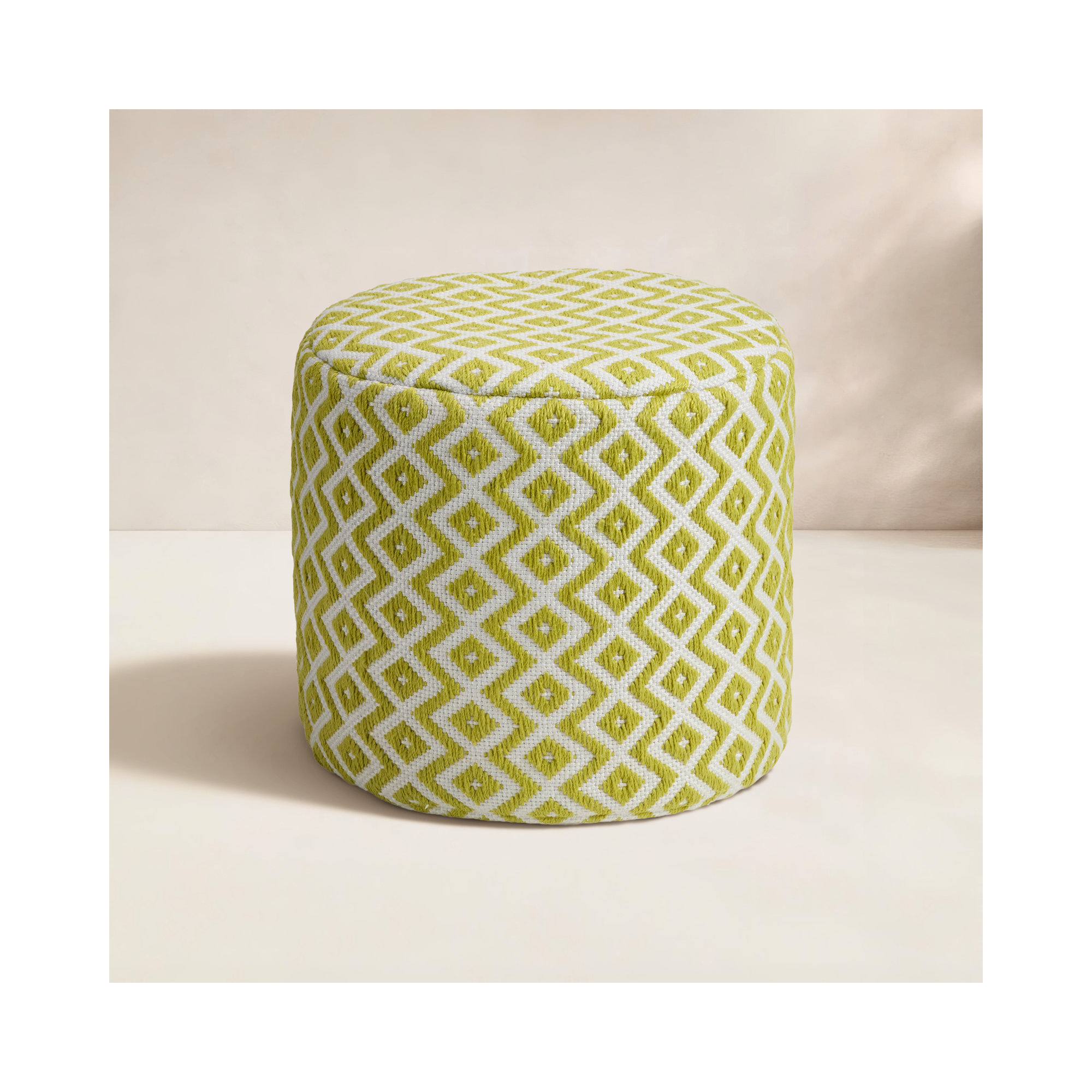 Destina Round Upholstered Outdoor Ottoman, Light Green/Ivory Polyester