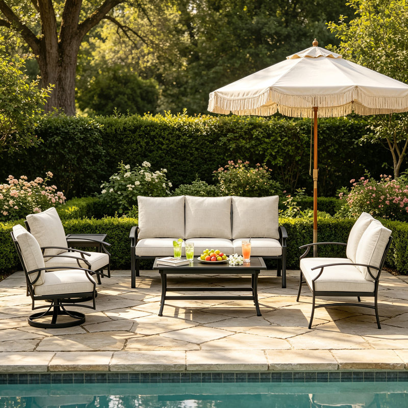 Ensemble de patio d'extérieur en métal 7 personnes avec deux tables et coussins Nickita, Beige