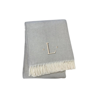 55" X 70" Gray And White Herringbone Cotton Blend L Initial Throw Blanket with Tassels And Embroidery