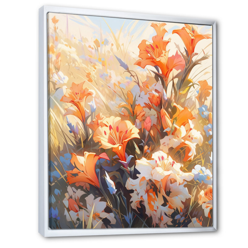 Corail blanc, coup de crayon, bouquet de fleurs sur toile, Cadre flottant blanc, H 20 po x l 12 po x P 1 po