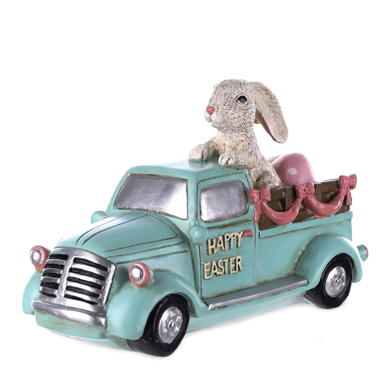 Figurine de lapin de Pâques en voiture L 9,5 po