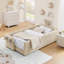 Lit plateforme tapissier avec tête de lit en forme d'oreille de lapin, barrière de sécurité et poche de rangement, idéal pour les chambres d'enfants (matelas non inclus)-2065445151-2065445150