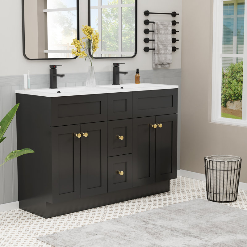 Ensemble de meuble-lavabo double 48 po avec plateau en résine, assemblage requis, Noir