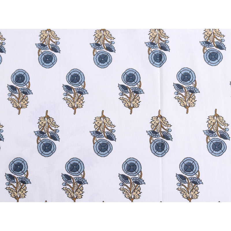 White Bagru Floral Handblock Printed Cotton King Size Bedsheet Set – Blue & Beige Indian Motif, 100% Cotton, 2 Pillow Covers, Artisan Bedding