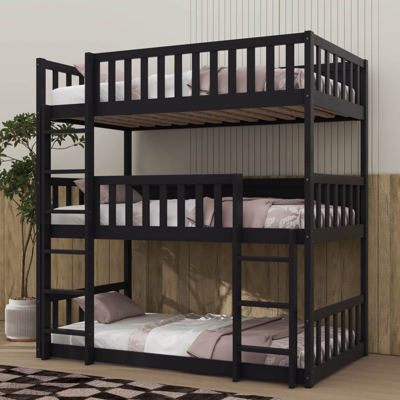 Twin-Sized Triple-Deck Rubber  Bunk Bed Fully Outfitted With Ladders And Guardrails, Black