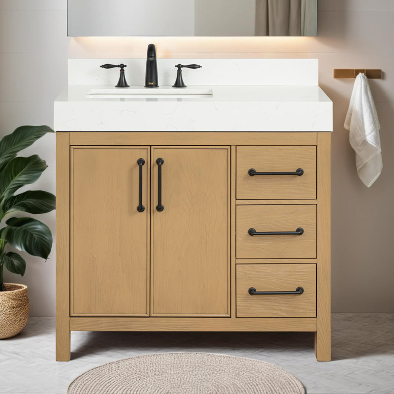  Valvet 36 Inch Bathroom Vanity with Sink, Firwood Oak – 100% Premium Solid Wood Vanity Cabinet – 4" Thick Quartz Countertop – Water-Resistant Finish – Fully Assembled