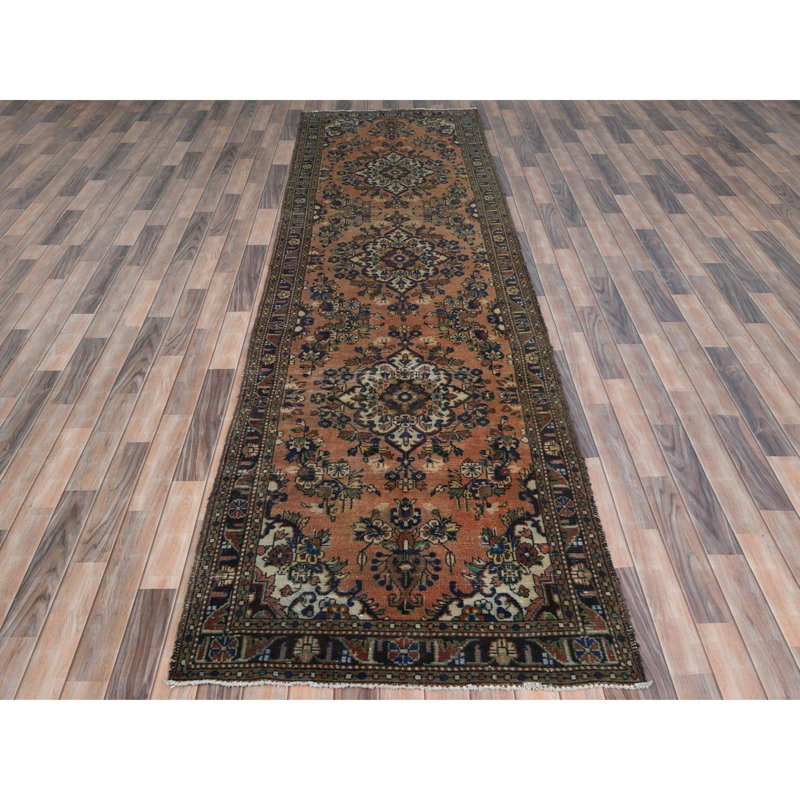 Tapis de couloir 3 pi 5 po x 13 pi 7 po de couleur pêche, motif persan rétro rétro, aspect usé en laine nouée à la main, large 9FC831D2C1FE4327895CA2E19B6035F2