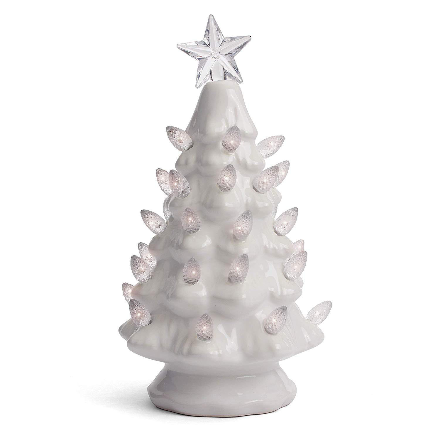 Lighted Ceramic Christmas Tree, White, 6.75" H x 3.5" W x 3.5" D