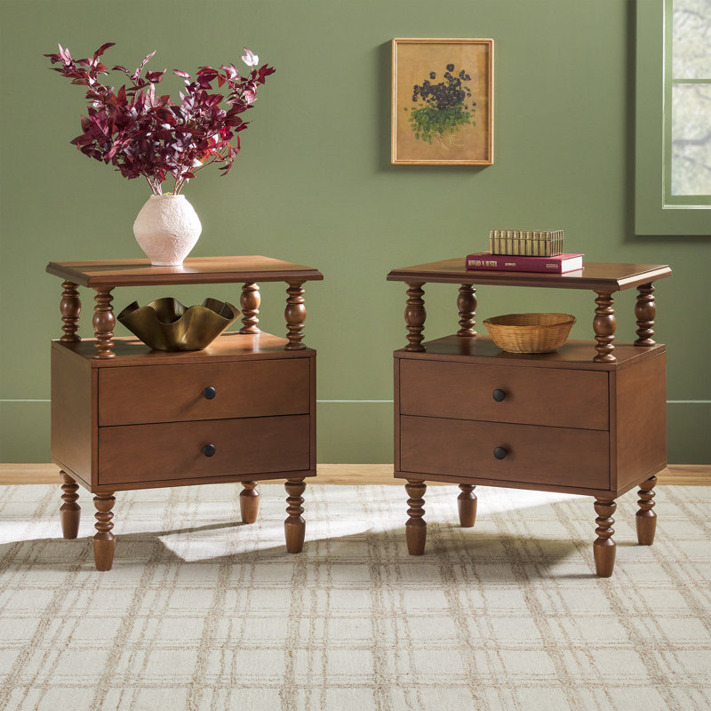 Vivienne Easy Assembly Solid Wood Spindle 2-Drawer Nightstand (Set of 2), Dark Brown