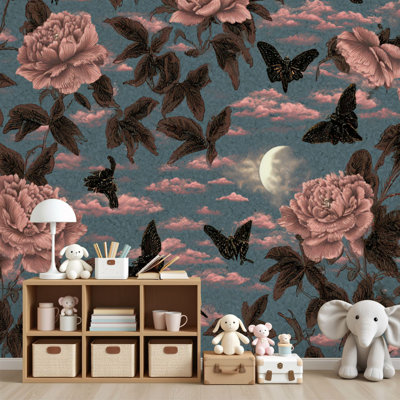 Peel and Stick Wallpaper Impressionist Flora Fauna Luminescent Moths Pink Peonies Wall Murals 69"H x 96"W Removable PVC Wall Paper Self-Adhesive Wall Decor for Bedroom Living Room Home Office