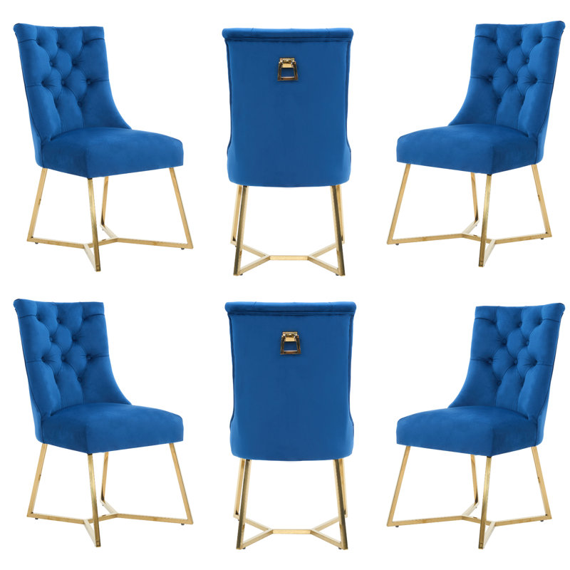 Ambra Modern Velvet Dining Chair With Gold Legs, Ring Handle & Tufted Back, Blue