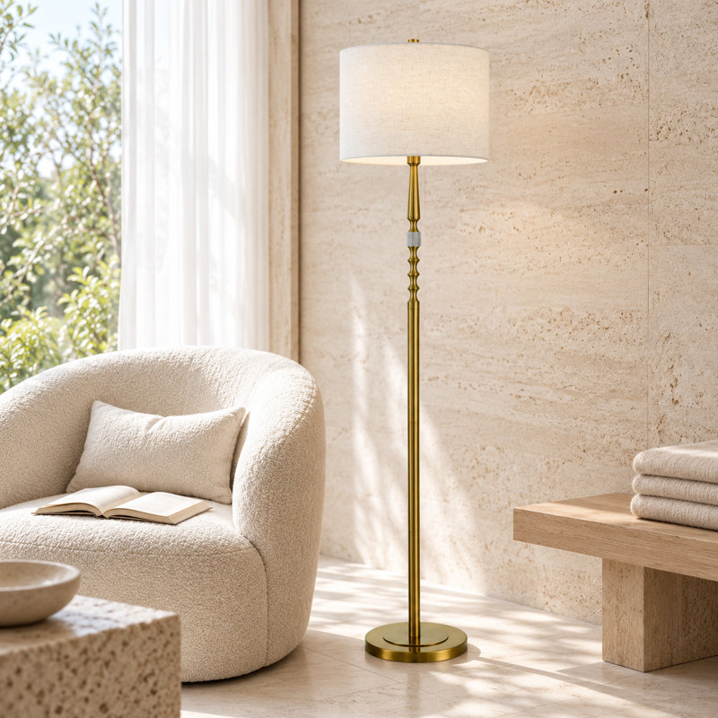62.2" Modern Gold Floor Lamp with White Fabric Drum Shade, Bronzed