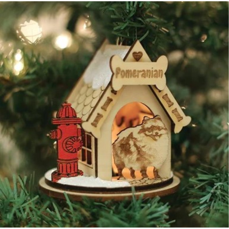 Pomeranian Doghouse Wooden Christmas Tree Ornament
