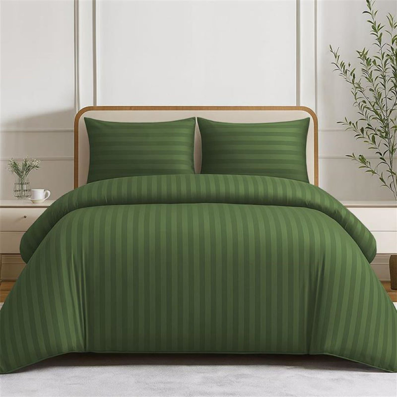 Striped 4-Piece Microfiber Bedding Set, Duvet Cover, Fitted Sheet & Pillowcases , Olive Green Striped