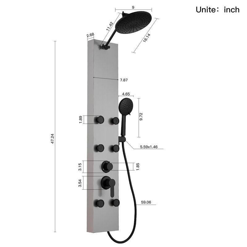 Système de panneau de tour de douche à inverseur à 3 voies avec pomme de douche à pluie et baguette de douche en nickel chromé