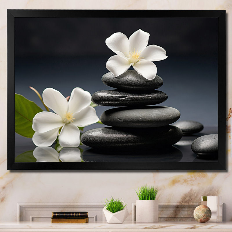 «Zen Black River Stone Blooming Magnolias», reproduction sur toile Lily, H 16 po x l 32 po x P 1 po, Cadre simple noir
