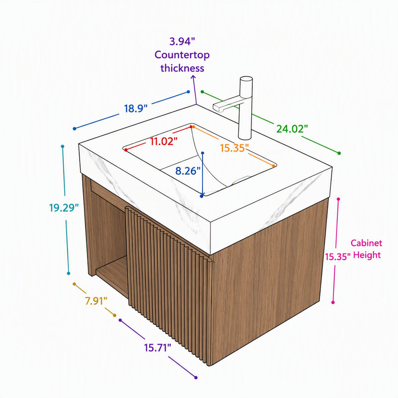 Meuble-lavabo flottant mural 24 po avec lavabo, blanc, Walnut, 24", Carrara White