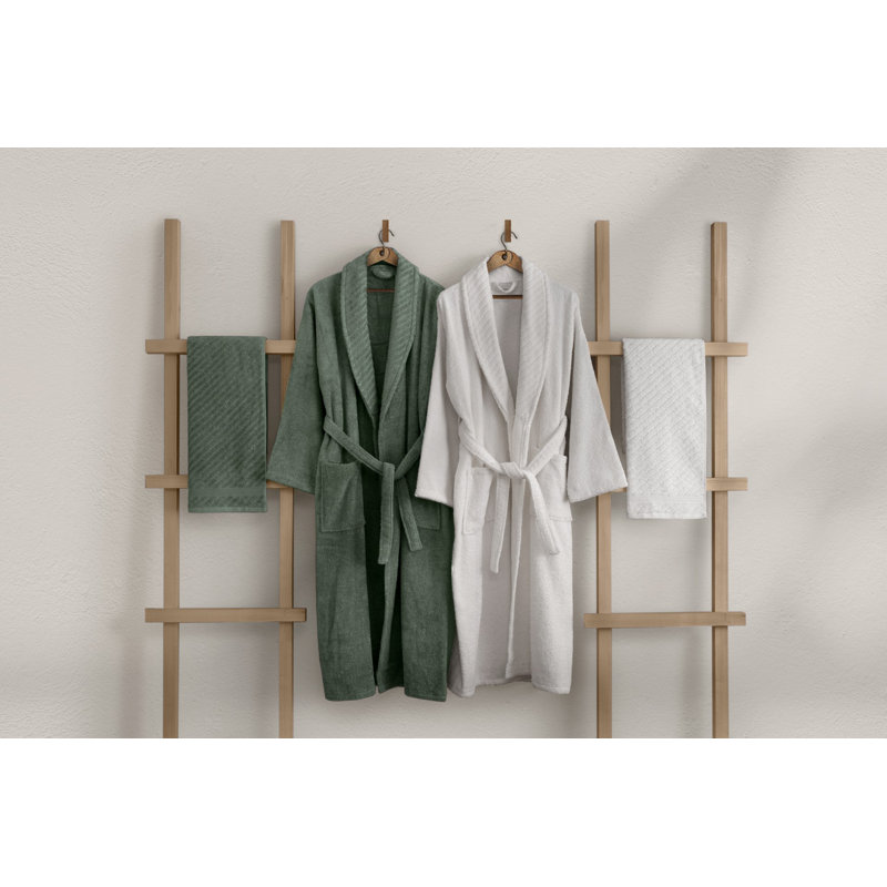 Cotton Mid-Calf Bathrobe, Green/White