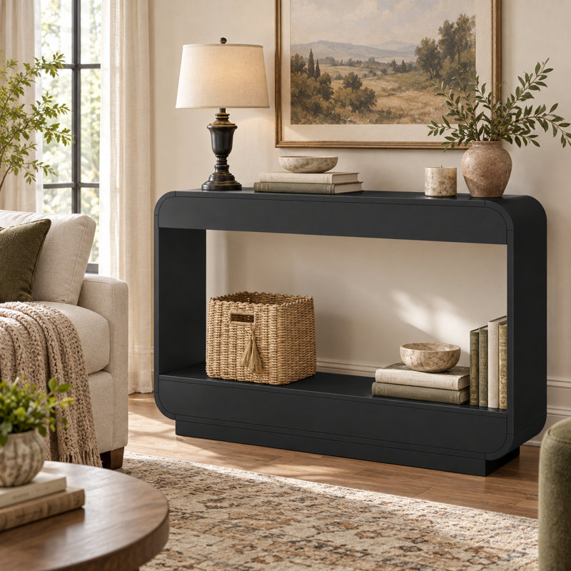 43" Console Table For Entryway With Storage Shelf, Modern Wood Sofa Table Behind Couch, Curved Edge Hallway Table For Living Room, Foyer & Entryway