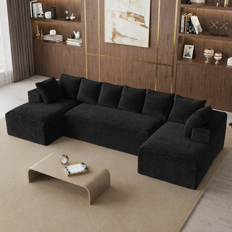 Canapé d'angle surdimensionné sans ossature et à compression de 131 pouces avec coussins, Velours côtelé noir, En form de U