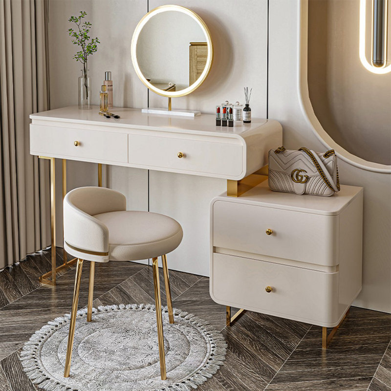 Coiffeuse avec miroir lumineux, 4 tiroirs, prise de courant