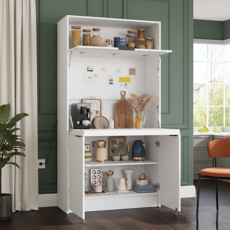 Buffet 69 po avec huche et poste de travail pliable, armoire de rangement multifonctionnelle avec tablette réglable et prise de courant