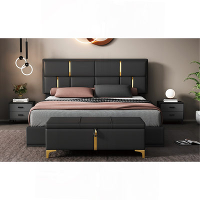 Ensemble de chambre à coucher 2 pièces, lit plateforme tapissier grand avec système de rangement hydraulique, repose-pieds de rangement avec pieds en métal, noir