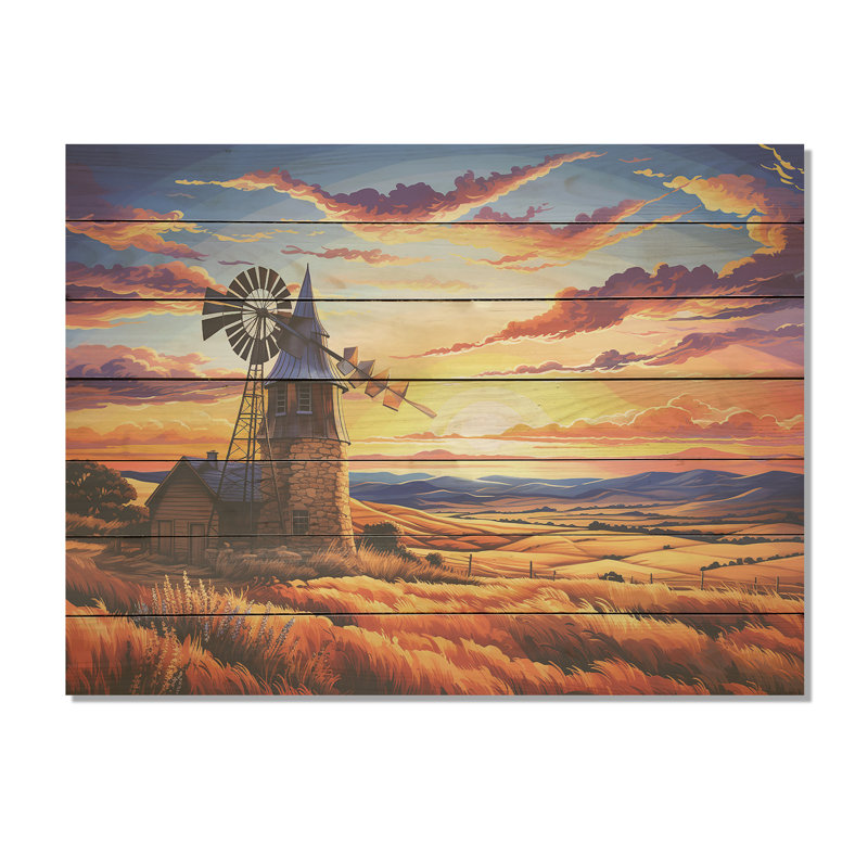 Windmill Evening Glow Meadows - Éoliennes sur bois, H 24 po x l 32 po