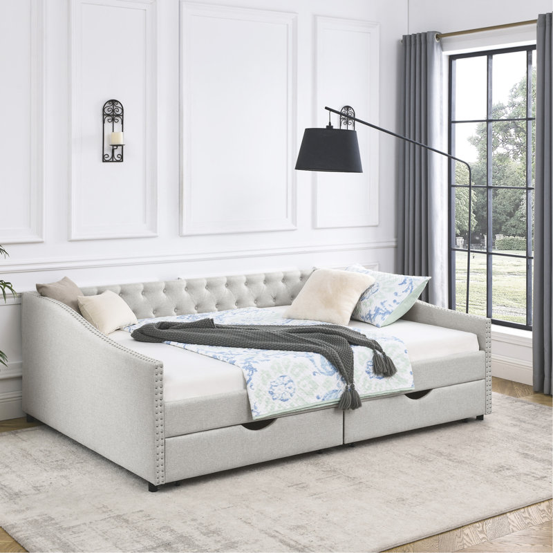Lit de jour avec tiroirs rembourrés et capitonnés, Grand lit, Beige incorrect