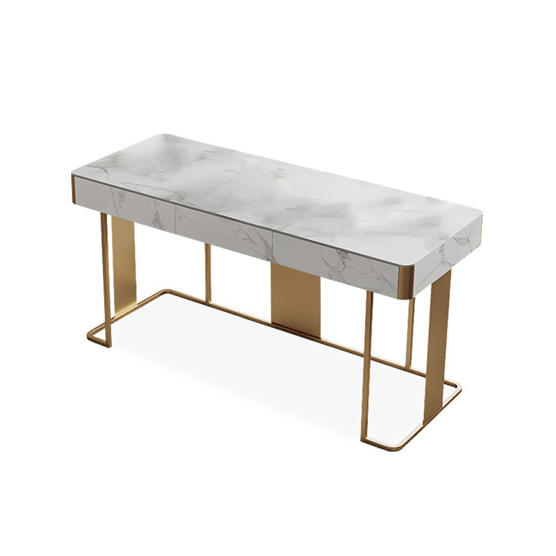 Tableau couleur + pierre frittée rectangulaire dorée + bureau en acier inoxydable avec 3 tiroirs