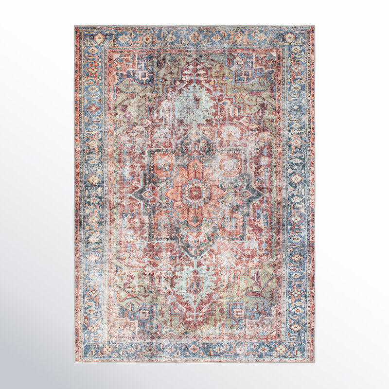Alice Machine Washable Oriental Flatweave Performance Red/Blue/Ivory Multi Area Rug, Rectangle 2' x 3'
