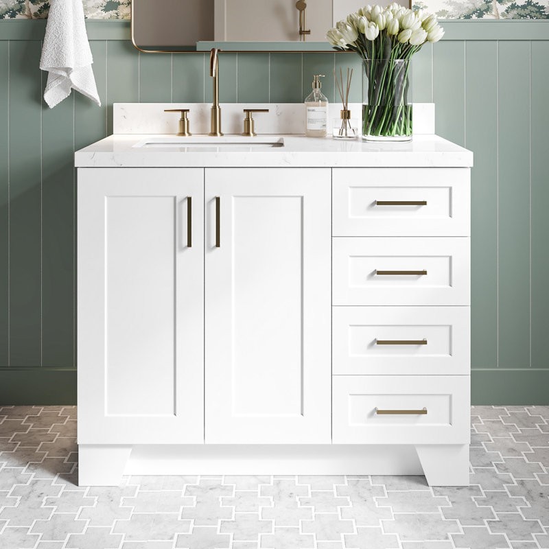 ARIEL Taylor 42.25 Single Sink Bathroom Vanity with Man-Made Stone Top-Oval, Right, Oval, White