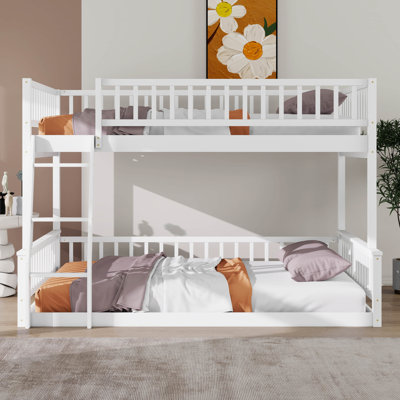 Full XL Over Queen Bunk Bed Frame With Ladder And Safety Guardrails, Space-Saving Bed For Adults And Teens