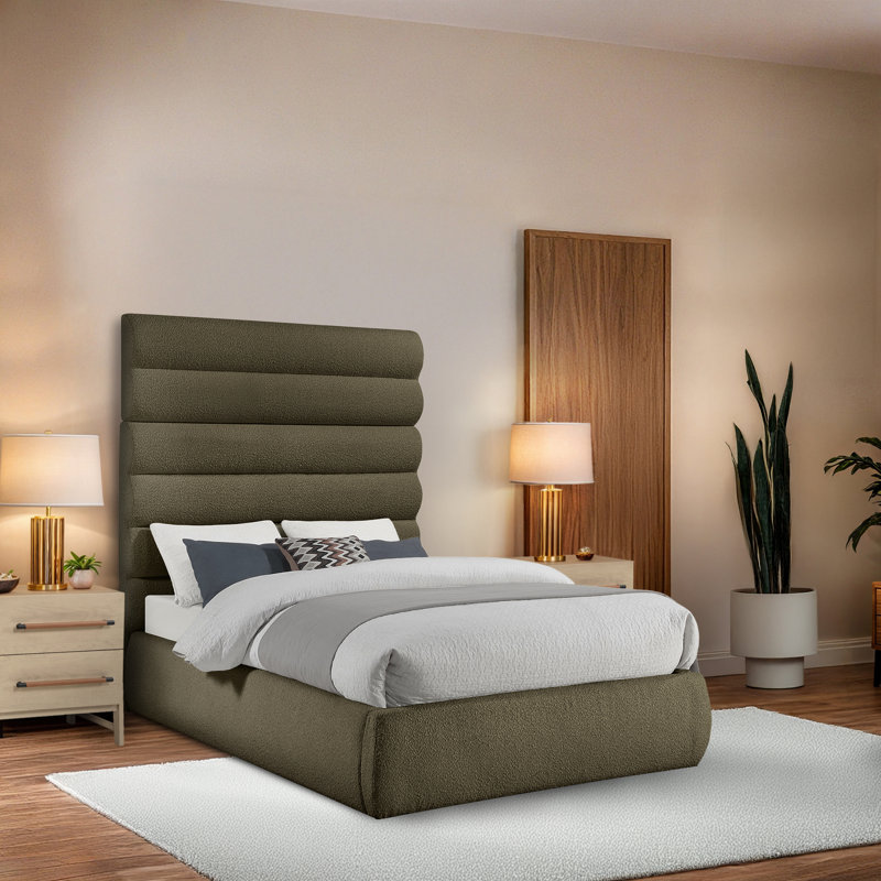 Lit en tissu Adam Boucle, Double, Tissu bouclé olive