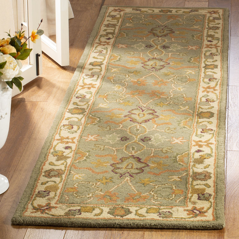 Tapis oriental vert clair / beige en laine touffeté à la main Cranmore, Tapis de couloir 2 pi 3 po x 12 pi