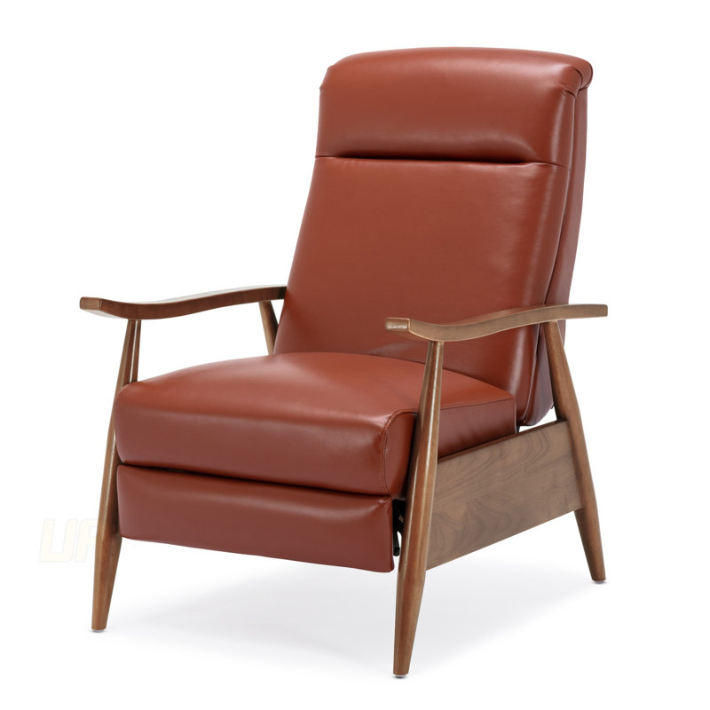 Fremont Leather Wood Arm Push Back Recliner, Comfortable And Stylish With Top-Grain Aniline-Dyed Leather And Chestnut Brown Wood Arms
