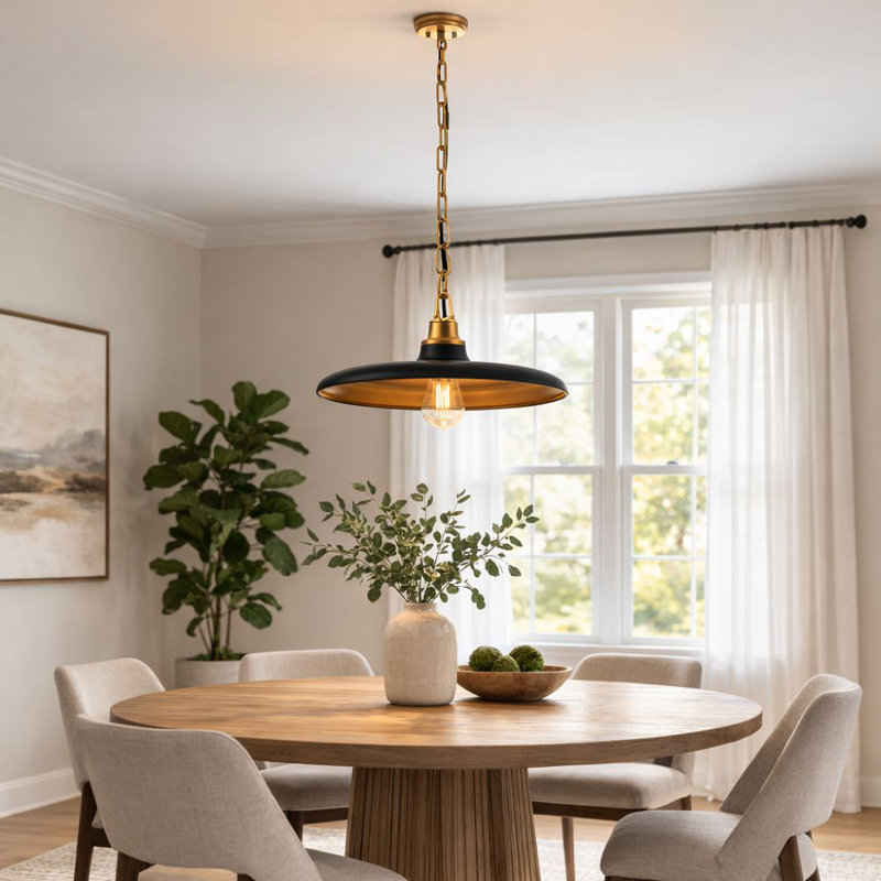 Luminaire suspendu 1 lumière avec abat-jour noir, finition de quincaillerie dorée, Noir