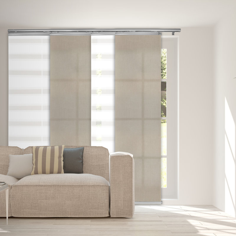 Semi-Sheer Macadamia, Cornsilk Single Rail Extendable Panel Track 94"H, Panel width 23.5", 88"W x 94"L