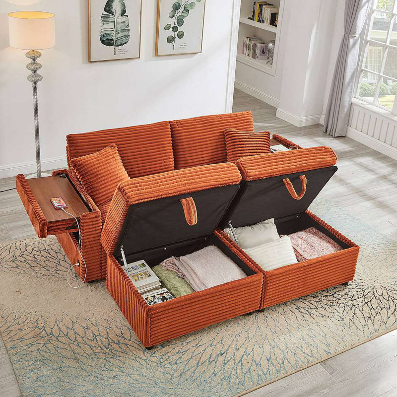 Canapé confortable moelleux en velours côtelé, espace de rangement pour grande causeuse, méridienne super moelleuse avec repose-pieds double et table de bout