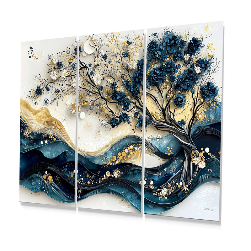 Bleu et blanc, arbre moderne en fleurs III - ensemble d'art mural cerisier en fleurs, Métal métal, H 32 po x l 48 po x P 1 po