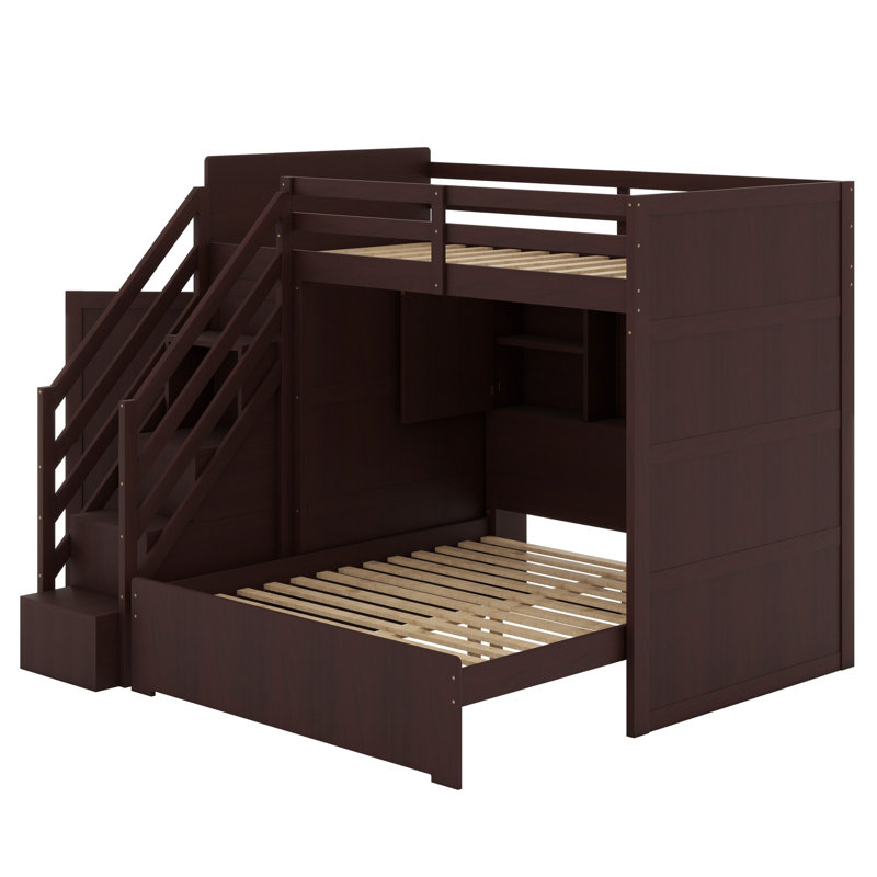Structure de lit superposé avec escalier de rangement, garde-robe, charge USB et lumière, Espresso