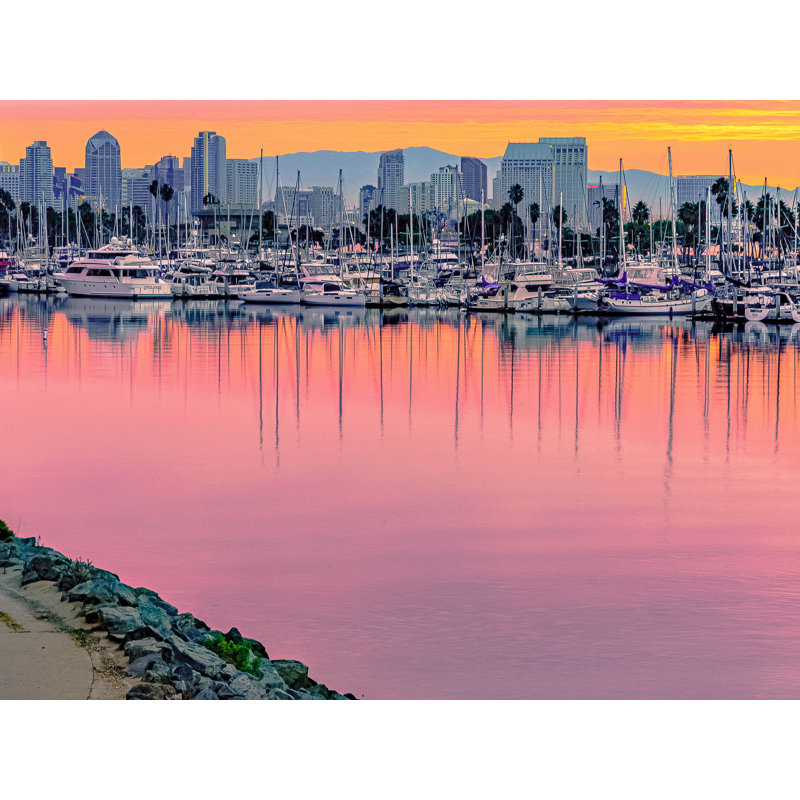 Cityscape From Harbor Drive, San Diego Sunrise. Print by Brian Mc Clean, Black Framed Canvas, 25" H x 33" W