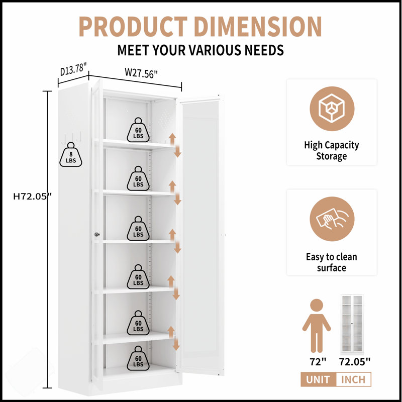 Durable Metal Kitchen Pantry Cabinet With 5 Adjustable Shelves, 72 Inch Tall Freestanding Storage For Home Organization