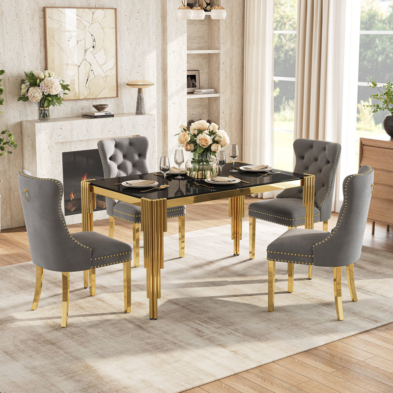 5-Piece Modern Glass Dining Table Set, 52.76" Rectangular Tempered Glass Top, Polished Irregular Round Tube Stainless Steel Legs, 4 Velvet Upholstered Stainless Steel Dining Chairs