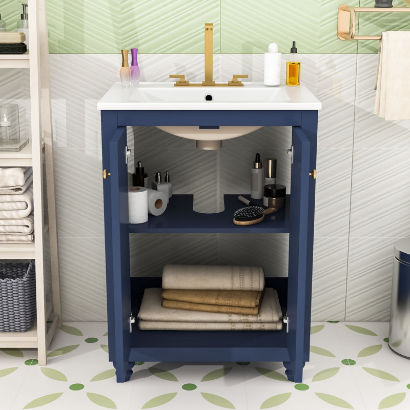 Élégant meuble-lavabo peu encombrant avec lavabo en céramique, tablette réglable et charnières à fermeture en douceur, Blue