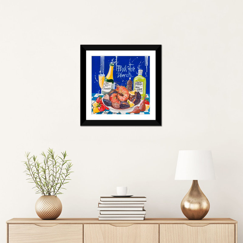 " Fish For Dinner " by El Van Leersum, Black Framed Fine Art Paper, White, 24" H x 24" W x 1" D