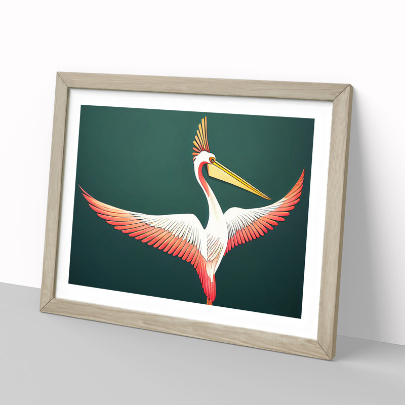 Retro Pelican - Single Picture Frame Painting, 46cm H x 64cm W x 2cm D, Oak Framed