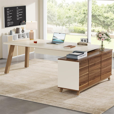 78.7" L-Shaped Executive Desk With 55" File Cabinet, Large Modern Computer Desk With Storage Shelves & Drawers For Home Office, Walnut & White Workstation Furniture