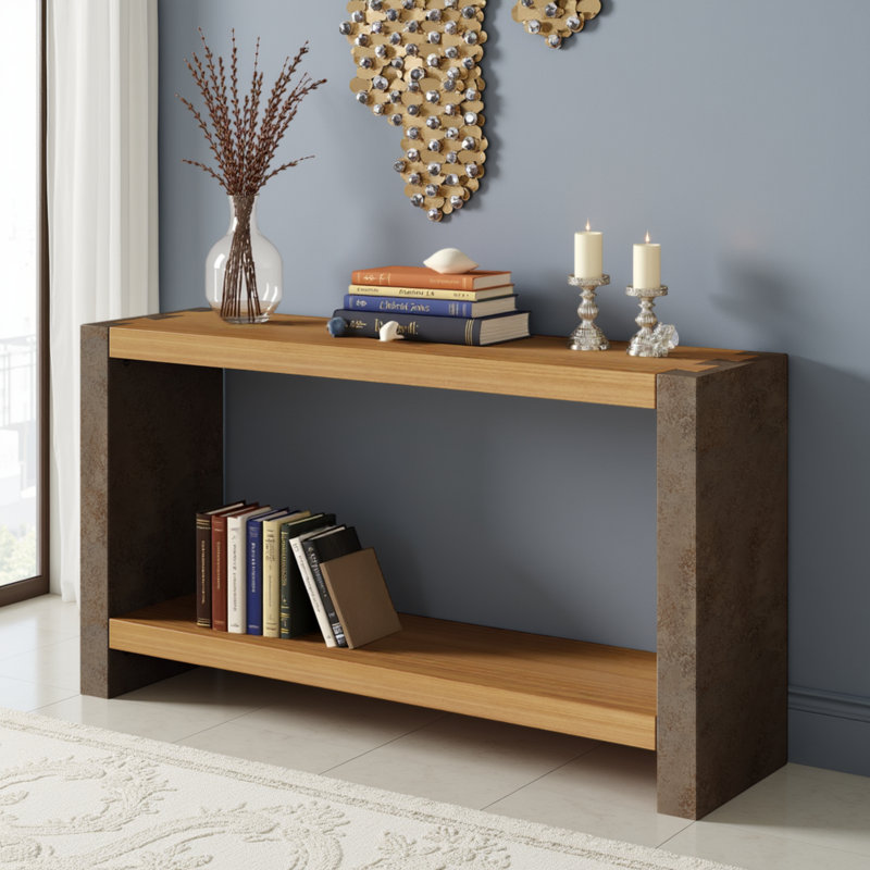 Console rustique avec queue d'aronde, aspect métallique vieilli, placage de bois