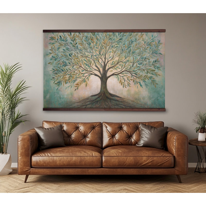 Tapisserie «Tree of Life» avec cintre en bois - grande œuvre d'art inspirée de la nature, H 32 po x l 48 po